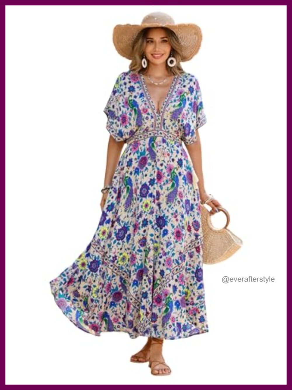 Women Summer Floral Deep V Neck Midi Dress Short Sleeve Beach Casual
